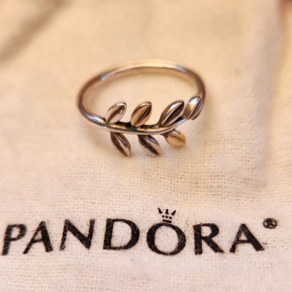 Authentic Pandora Laurel Leaves Sterling Silver and 14K Gold Ring 58~8.5